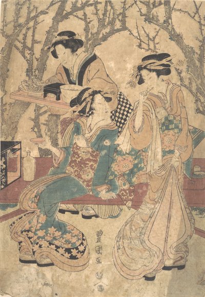 Tres mujeres cenando frente a un grupo de árboles de Utagawa Toyokuni I