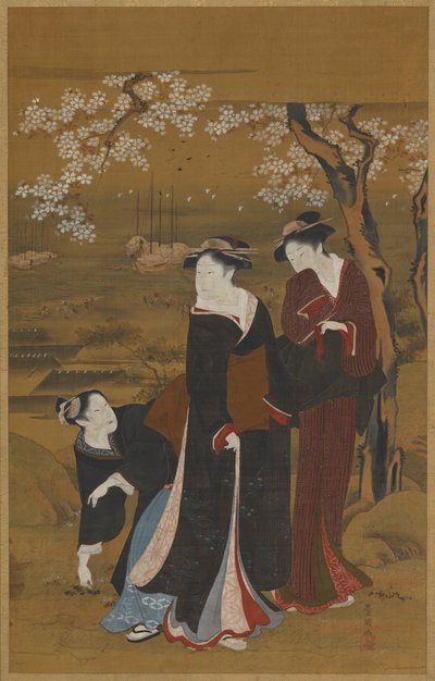 Tres mujeres bajo un cerezo en flor en la orilla del mar de Utagawa Toyokuni I