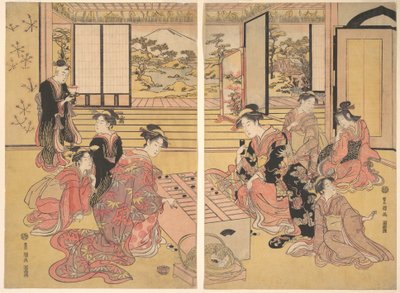Dos mujeres jóvenes jugando a Sugoroku de Utagawa Toyokuni I