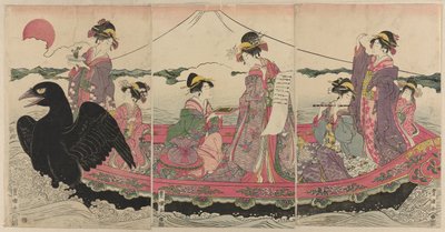Mujeres en un bote en Año Nuevo imitando a los Siete Dioses de la Fortuna de Utagawa Toyokuni I