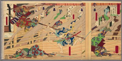 Mori Ranmaru Muerto en Batalla en Honnoji (Honnoji ni Mori Ranmaru uchijini no zu), de la serie "El Registro de los Logros de Toyotomi (Toyotomi kunkoki)" de Utagawa Yoshifuji