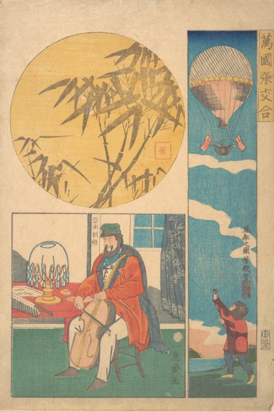 Globo americano, americano tocando el violonchelo, bambú de Utagawa Yoshiiku