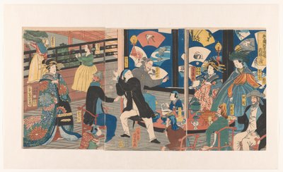 Extranjeros durante una borrachera en la casa de té Gankiro Gokakoku Gankiro ni oite sakamori no zu (título sobre el objeto) Extranjeros de las Cinco Tierras durante una borrachera en la casa de té Gankiro de Utagawa Yoshiiku