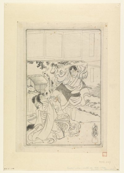 Hombre a punto de decapitar a una mujer de Utagawa Yoshiiku