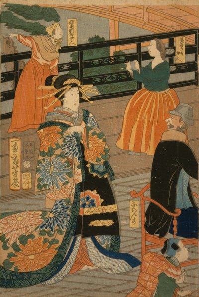 Visitantes de varias naciones disfrutando de una fiesta en la Sala del Abanico del Gankir?, 1860 de Utagawa Yoshiiku