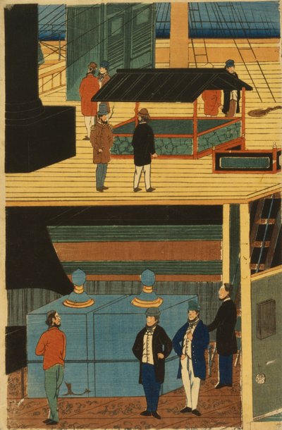 Un vapor americano con un grupo de pasajeros bajo cubierta y actividades en cubierta de Utagawa Yoshikazu