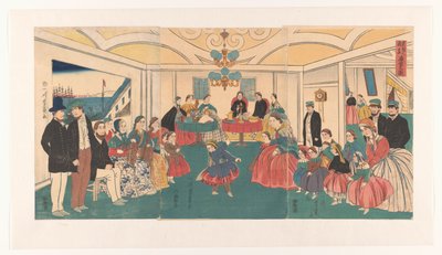 Los extranjeros se divierten en un banquete. Ikokujin shuen yuraku no zu (título sobre objeto) de Utagawa Yoshikazu