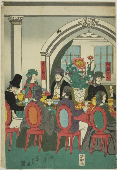 Extranjeros de cinco naciones en un banquete (Gokakoku ijin shuen no zu) de Utagawa Yoshikazu