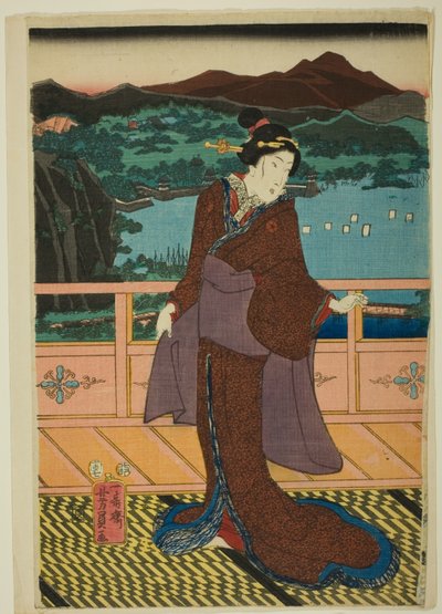 Las ocho vistas del lago Biwa al atardecer (Omi Hakkei Moku) de Utagawa Yoshikazu