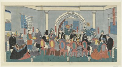 Cinco nacionalidades en un banquete Gokokujin shuen no zu (título sobre objeto) de Utagawa Yoshikazu