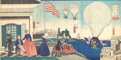 “América”: Disfrutando de globos aerostáticos, 1867 de Utagawa Yoshitora