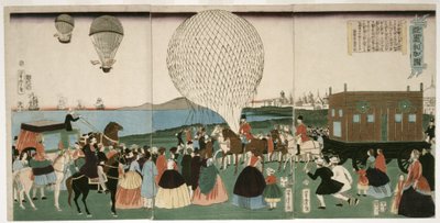Ballooning in America, pub. 1865 (xilografía coloreada a mano) de Utagawa Yoshitora
