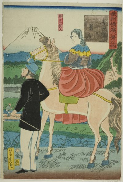 Inglés observando gansos descendiendo en el puente Yoshida (Yoshida-bashi no rakugan, Igirisujin), de la serie "Ocho vistas de Yokohama en la provincia de Musashino (Bushu Yokohama hakkei no uchi)" de Utagawa Yoshitora