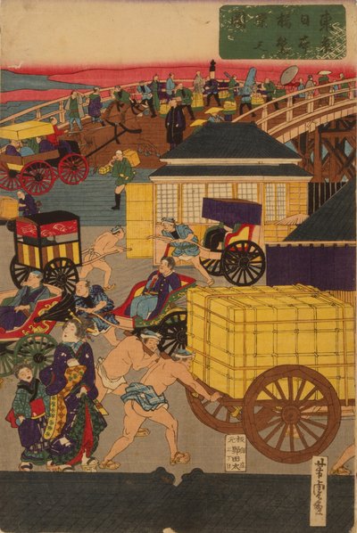 Sección floreciente de Nihonbashi en Tokio. Tríptico de Tokyo Nihonbashi han ei no zu de Utagawa Yoshitora