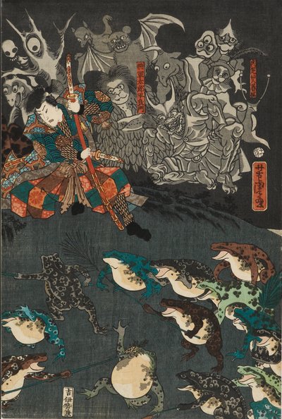 Nikushi el espíritu rana conjura una batalla mágica de ranas en Tateyama en la provincia de Etchu de Utagawa Yoshitora