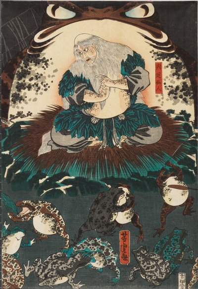 Nikushi, el espíritu de la rana, conjura una mágica batalla de ranas en Tateyama, en la provincia de Etchū de Utagawa Yoshitora