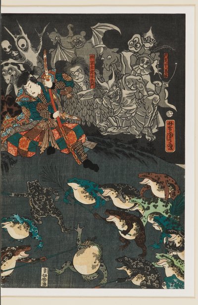 Nikushi, el espíritu de la rana, convoca una batalla mágica de ranas en Tateyama, provincia de Etchū. de Utagawa Yoshitora
