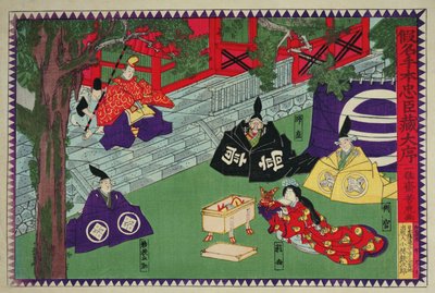 Escena del primer acto de una obra de kabuki, "Kanadehon Chushingura", una historia de venganza basada en el incidente de los cuarenta y siete ronin de 1703, c.1870 (grabado en madera en color) de Utagawa Yoshitora
