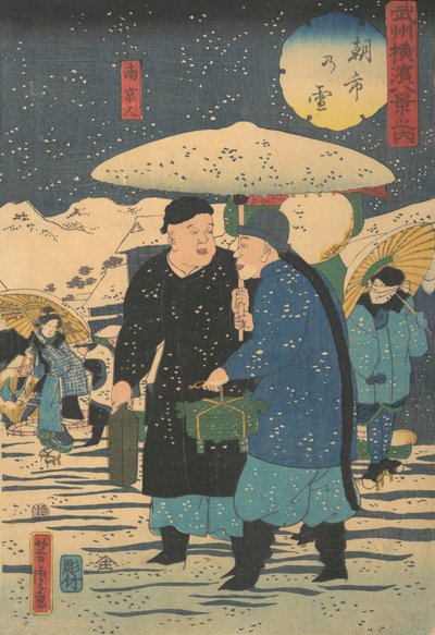 Nieve en un Mercado Temprano [Chinos comprando verduras] de Utagawa Yoshitora