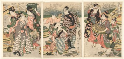 Vista del mercado de pescado en la playa de Shiba [Shiba] no ura uoichi no zu (título sobre el objeto) de Utamaro (II) , Kitagawa