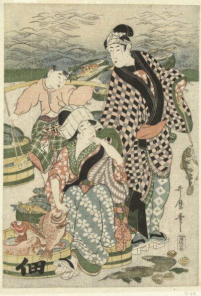 Vista del mercado de pescado en la playa de Shiba [Shiba] no ura uoichi no zu de Utamaro (II) , Kitagawa