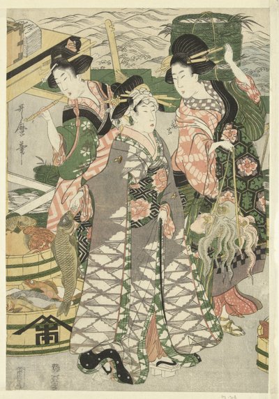 Vista del mercado de pescado en la playa de Shiba [Shiba] no ura uoichi no zu de Utamaro (II) , Kitagawa
