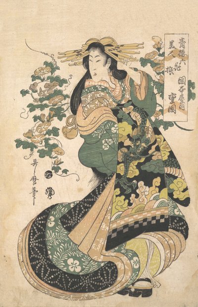 Una cortesana con campanillas de la mañana en el fondo de Utamaro II