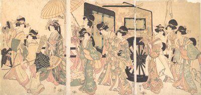 Damas rodeando un carro de Utamaro II