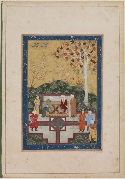 Folio de un álbum; recto: Una anciana y dos sabios, Bukhara, Uzbekistán, período Timúrida, 1510-40 de Uzbek School