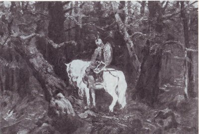 En contemplación (Caballero en un caballo entrando en un bosque espeso) de V.Vasnetsov