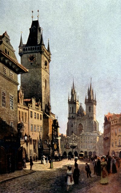 La plaza Starometsky y el ayuntamiento de Praga, hacia 1900 (impresión) de Vaclav Jansa