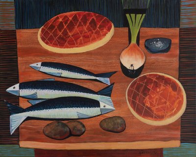 Naturaleza muerta con pan y pescado, 2020 (acrílico sobre lienzo) de Vadym Vaskovsky