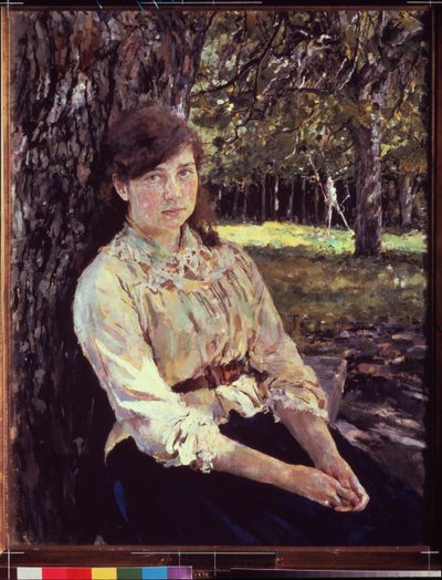 Chica joven en la luz del sol. Retrato de María Simonovich. Pintura de Valentin Alexandrovich Serov (1865-1911), óleo sobre lienzo 1888. Arte ruso del siglo XIX, art nouveau, modernismo. Galería Estatal Tretyakov, Moscú. de Valentin Aleksandrovich Serov