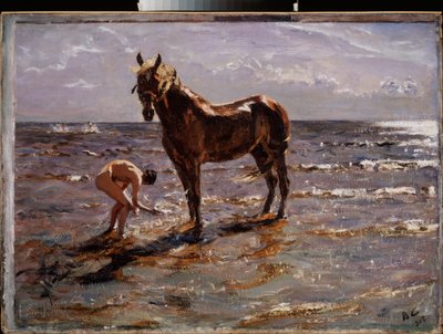 El baño del caballo. (Joven desnudo salpicando un caballo, otras dos figuras corren hacia el mar). Pintura de Valentin Alexandrovich Serov (1865-1911), óleo sobre lienzo de Valentin Aleksandrovich Serov