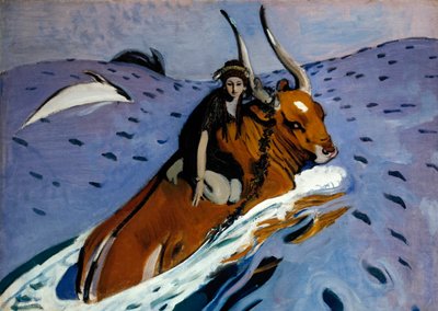 El rapto de Europa. La bella princesa fenicia está a lomos de Zeus, metamorfoseada en toro, quien la lleva al mar, rodeada de delfines. Pintura de Valentin Alexandrovich Serov (1865-1911), óleo sobre lienzo de Valentin Aleksandrovich Serov