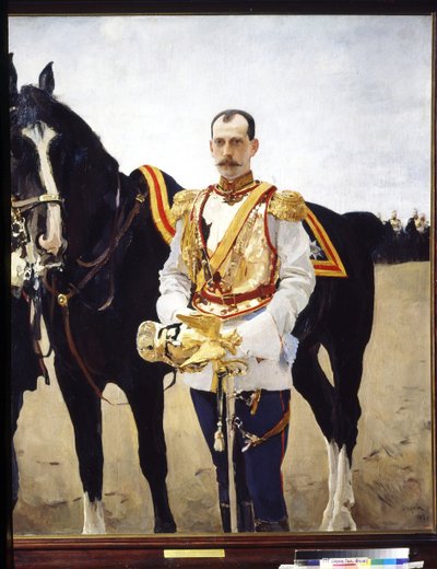 Retrato del Gran Duque Paul Alexandrovich de Rusia (1860-1919). (Retrato del Gran Duque Paul Alexandrovich de Rusia). Con el uniforme de un oficial de caballería del ejército imperial ruso, cerca de su caballo. Pintura de Valentin Alexandrovich Serov ( de Valentin Aleksandrovich Serov