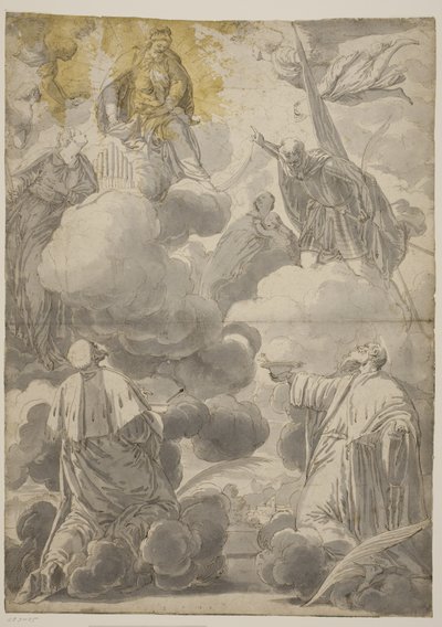 La Virgen y el Niño en las nubes rodeados de ángeles y los santos Cosme y Damián, Cecilia, Segundo y Marina de Valentin Lefèvre