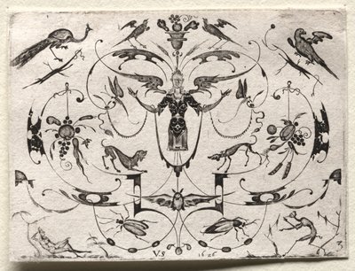 Arabesco con pavo real, periquito, perros e insectos de Valentin Sezenius