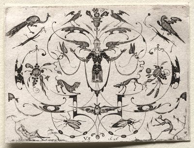 Arabesco con pavo real, periquito, perros e insectos, 1626 de Valentin Sezenius