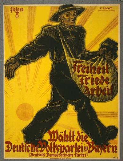 Freiheit, Friede, Arbeit, Wählt die Deutsche Volkspartei in Bayern, pub. Munich, 1919 de Valentin Zietara