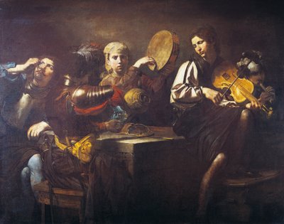 Músicos y soldados, circa 1626, por Valentin de Boulogne (1591-1632), óleo sobre lienzo de Valentin de Boulogne