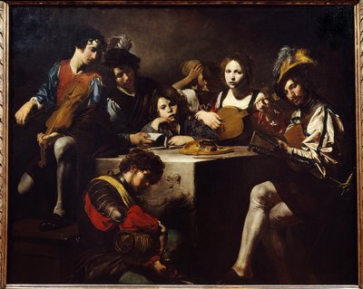 El concierto de bajo relieve. Músicos reunidos alrededor de un altar esculpido. Pintura de Valentin de Boulogne (1591-1632) de Valentin de Boulogne
