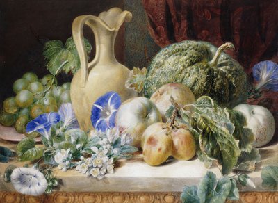 Naturaleza muerta con una jarra, manzanas, ciruelas, uvas y flores de Valentine Bartholomew