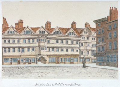 Vista de Staple Inn y los edificios de Middle Row en el centro de Holborn, Londres, 1850 de Valentine Davis