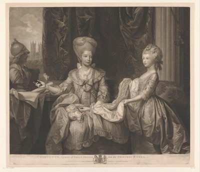 Retrato de Charlotte van Mecklenburg-Strelitz y su hija Charlotte Charlotte, Reina de Gran Bretaña y la Princesa Real (título sobre objeto) de Valentine Green