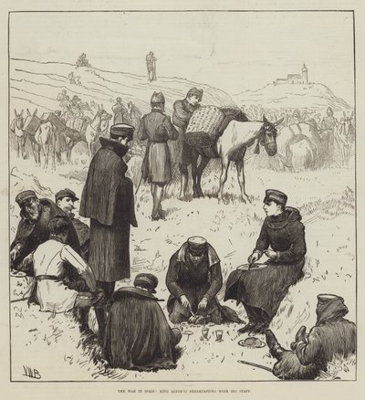 La guerra en España, el rey Alfonso desayunando con su Estado Mayor de Valentine Walter Lewis Bromley