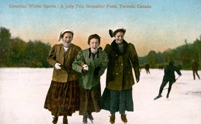 Deportes de invierno canadienses: Un trío alegre, Grenadier Pond, Toronto, Canadá, siglo XX de Valentine and Sons Publishing Co