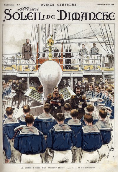 La oración de los marineros a bordo de un crucero ruso. De una acuarela de Mr. Gribayedoff. Grabado en "Le sun-du-dimanche" de Valerian Gribayedoff