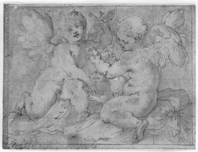 Dos putti jugando con un gato y dos pájaros de Valerio Castello