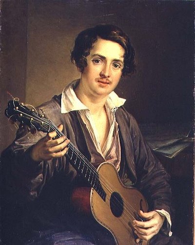 El guitarrista: Retrato del virtuoso guitarrista Vladimir Ivanovich Morkov (1803-64) 1839 de Vasili Andreevich Tropinin